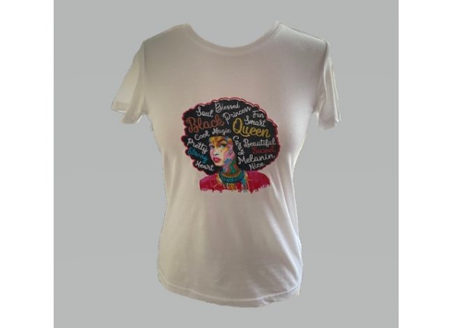 T-shirt coton bio femme avec broderie vintage rétro Afro Women Black Queen