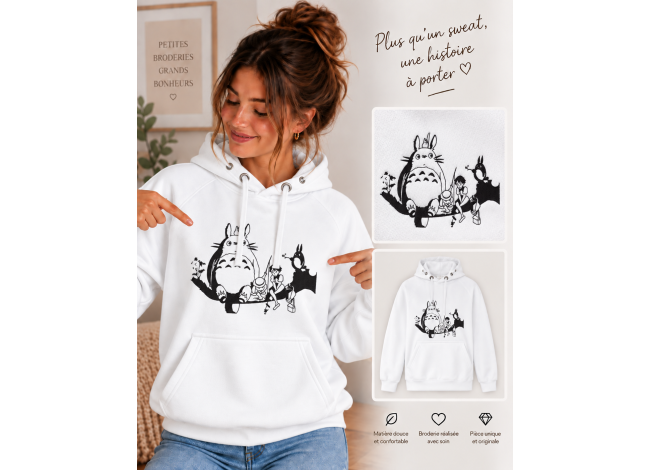 Sweat brodé totoro rectangulaire noir et blanc