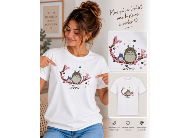 t-shirt femme brodé totro sur une branche de cerisier