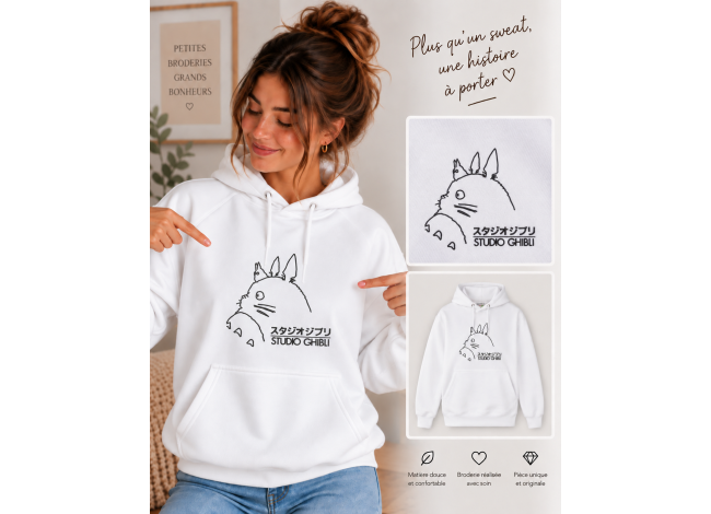 Sweat femme blanc classique brodé totoro minimaliste