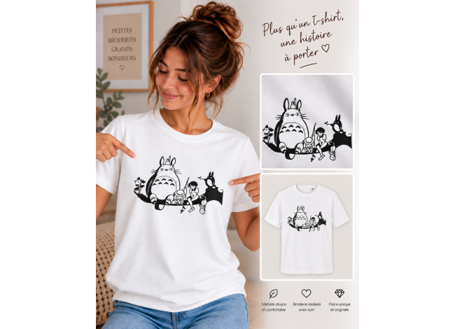 t-shirt brodé totoro rectangulaire noir et blanc