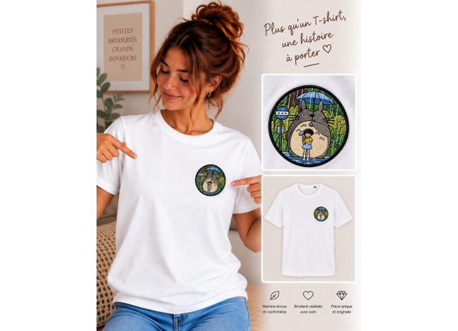 t-shirt legend femme brodé totoro médaillon brodé sous la pluie