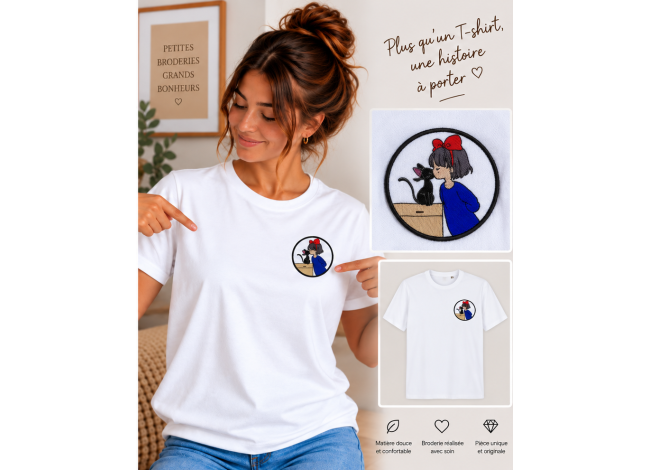 Tshirt brodé kiki et jiji en médaillon
