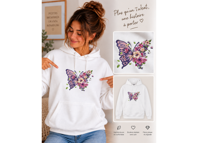 Sweat femme brodé papillon fleur