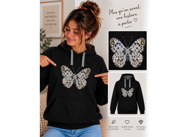 sweat noir brodé papillon de nuit