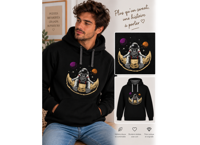 Sweat homme broderie astronaute assis sur la lune