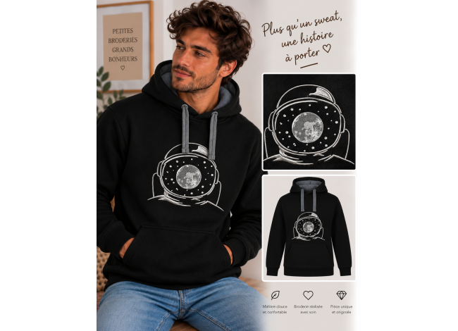 Sweat homme broderie astronaute et la planete