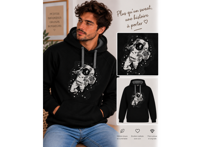 Sweat homme broderie astronaute et la planete
