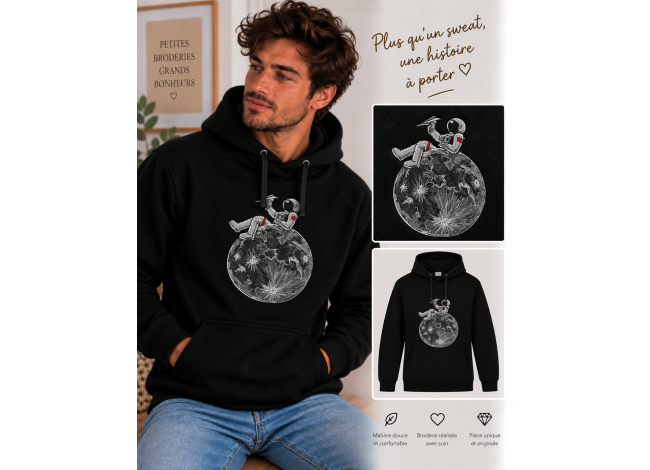 Sweat noir classique homme broderie astronaute sur la lune