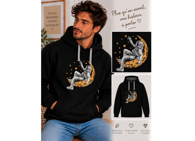 Sweat noir classique homme broderie astronaute et son croissant de lune