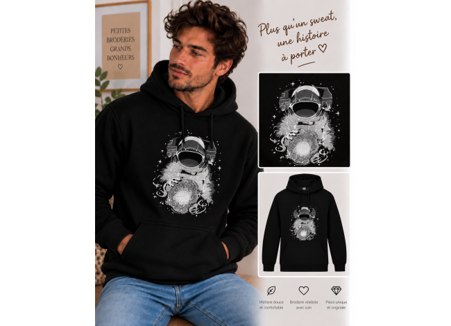 Sweat noir classique homme broderie astronaute et sa planete