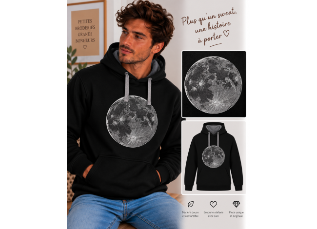 Sweat noir classique homme broderie de la lune